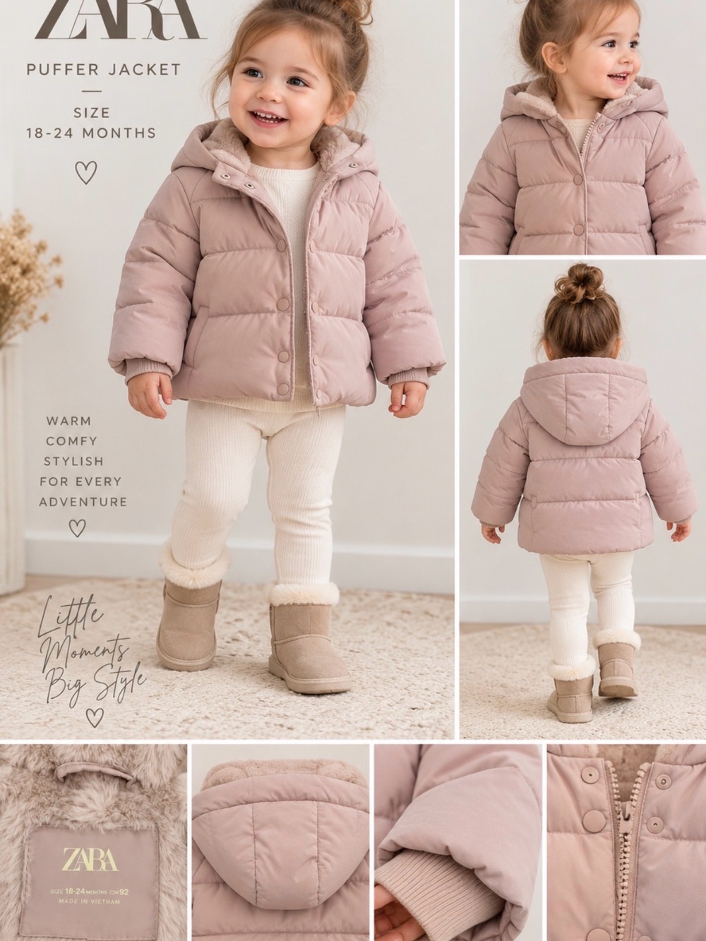 Zara Pink Puffer Jacket for Kids with Hood